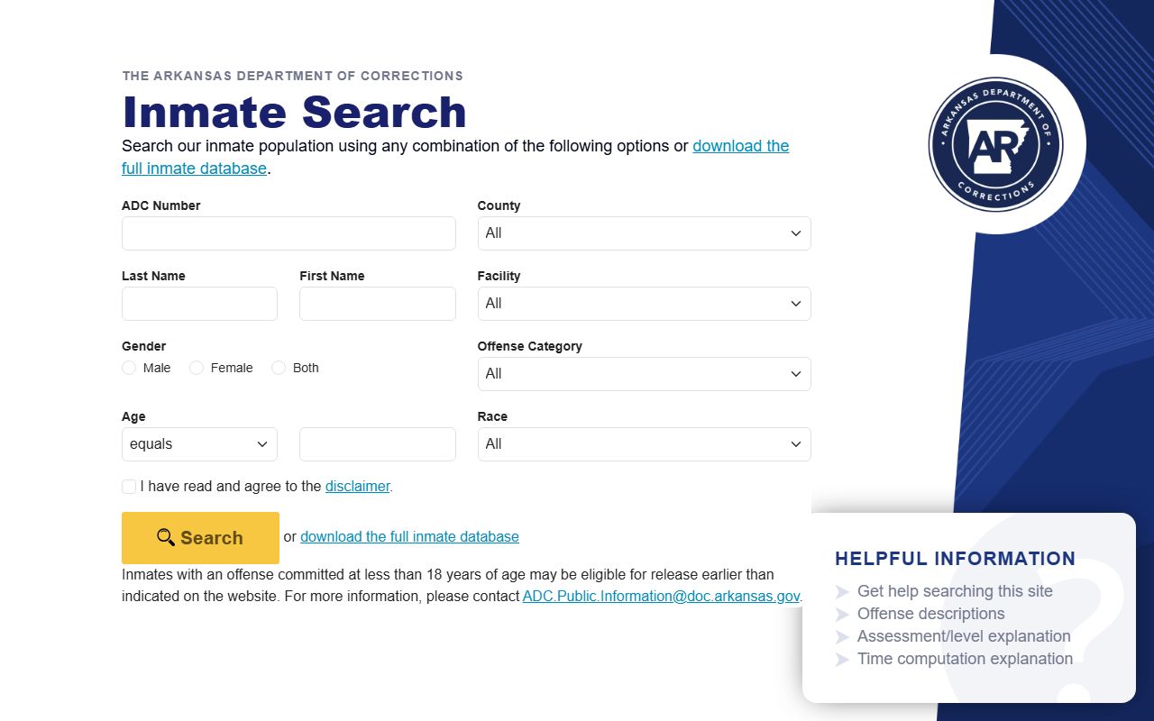 Benny Magness Unit Arkansas DOC inmate lookup search fields