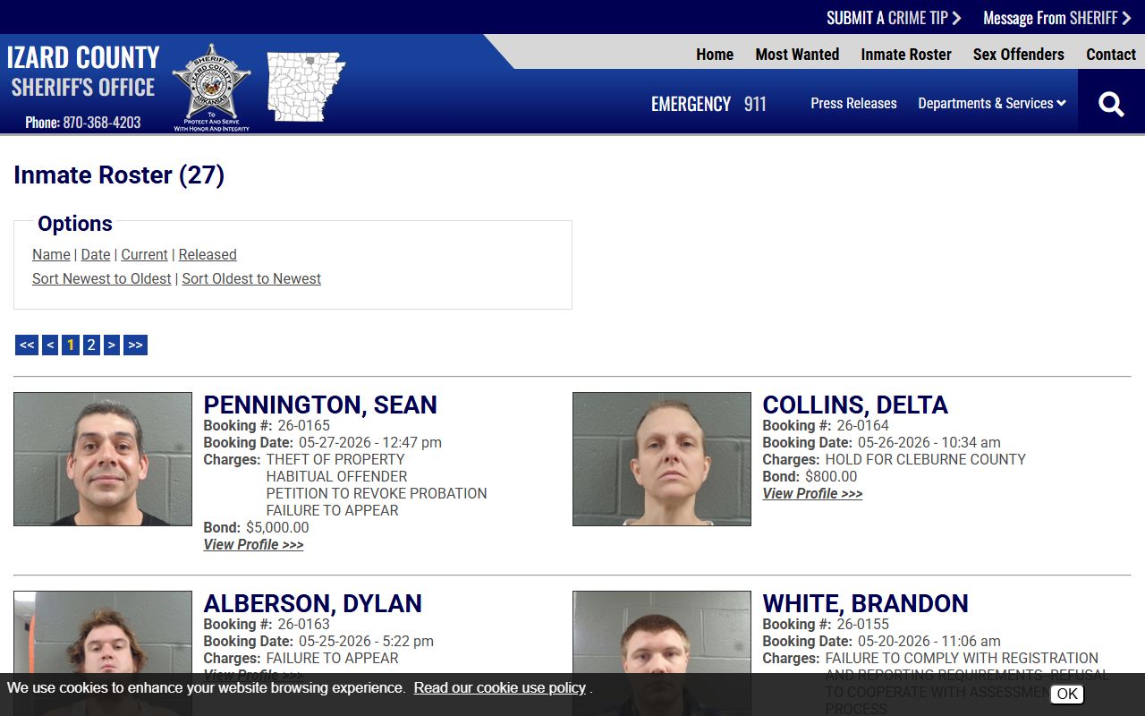 Izard County inmate population current jail roster with mugshots and booking fields
