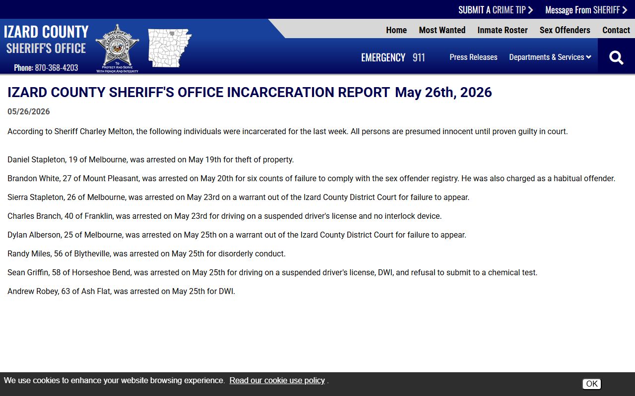 Izard County inmate population weekly incarceration report with arrest summaries