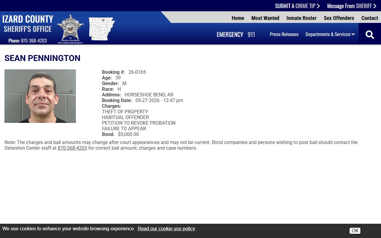Izard County booking profile with mugshot and jail roster fields